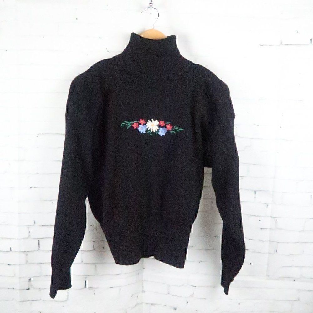 MEISTER BLACK TURTLE NECK LONG SLEEVE WOOL BLEND SWEATER WITH FLORAL EMBROIDERY
